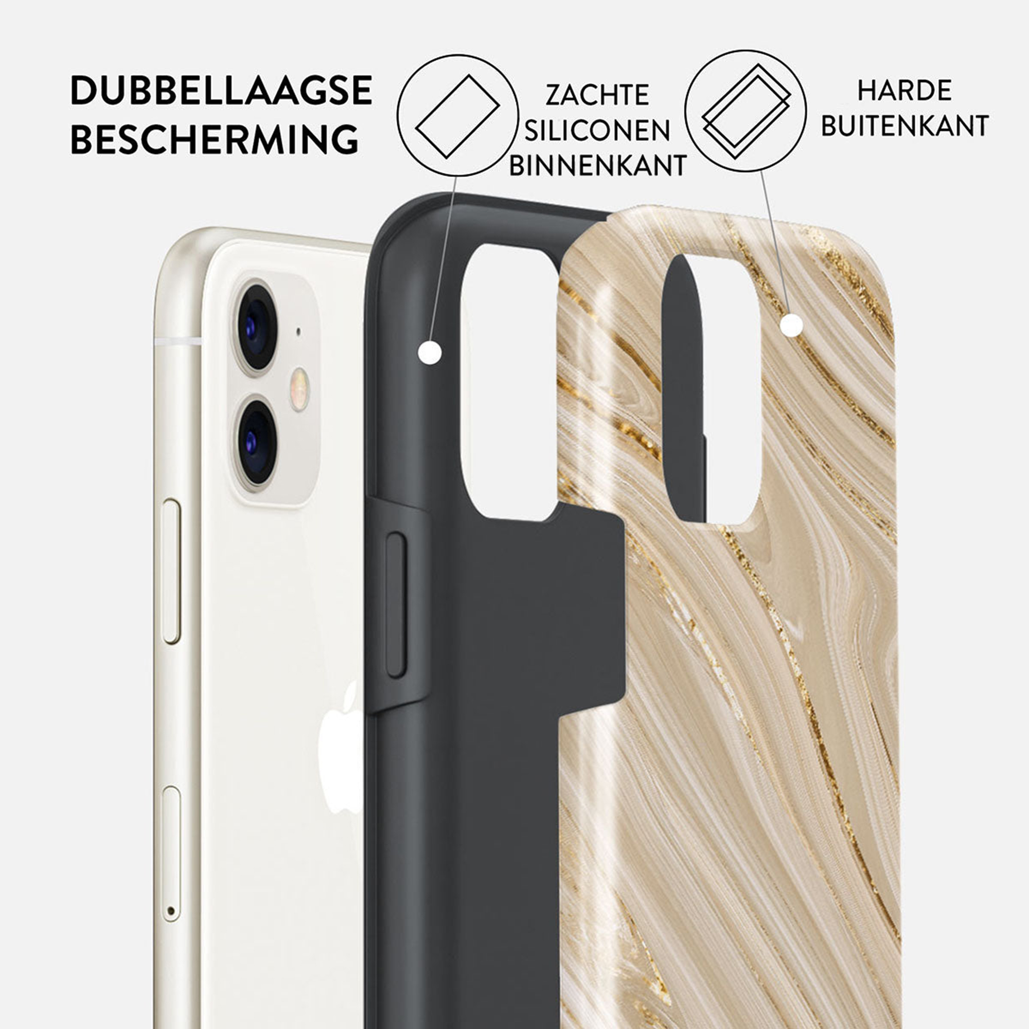 Phone case showing layers for protection. Gold and white marbled pattern. White phone on left. Black and white background.