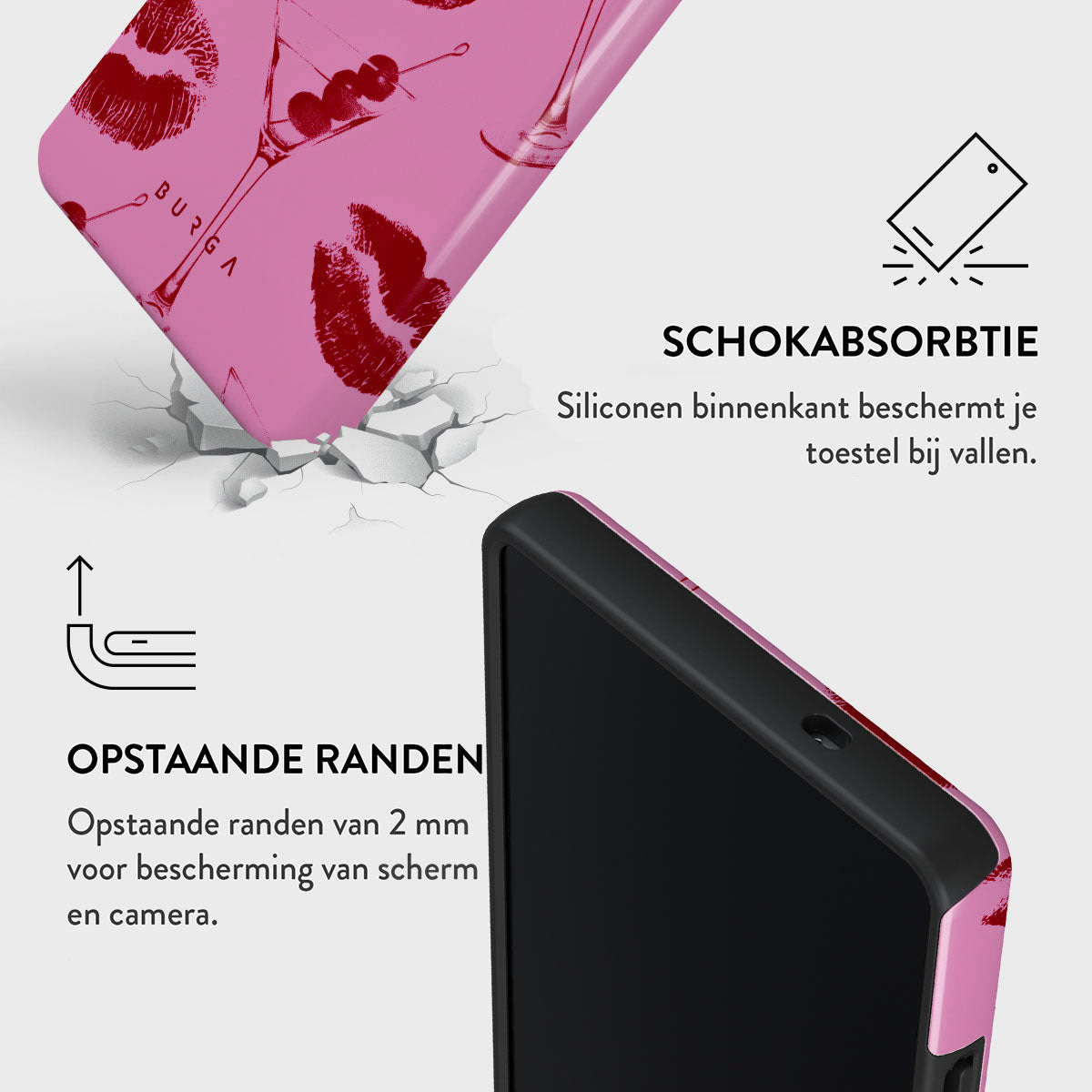 Roze telefoonhoesje met lipafdrukken en cocktailontwerp, een zwart telefoonframe en tekst over schokabsorptie en opstaande randen.