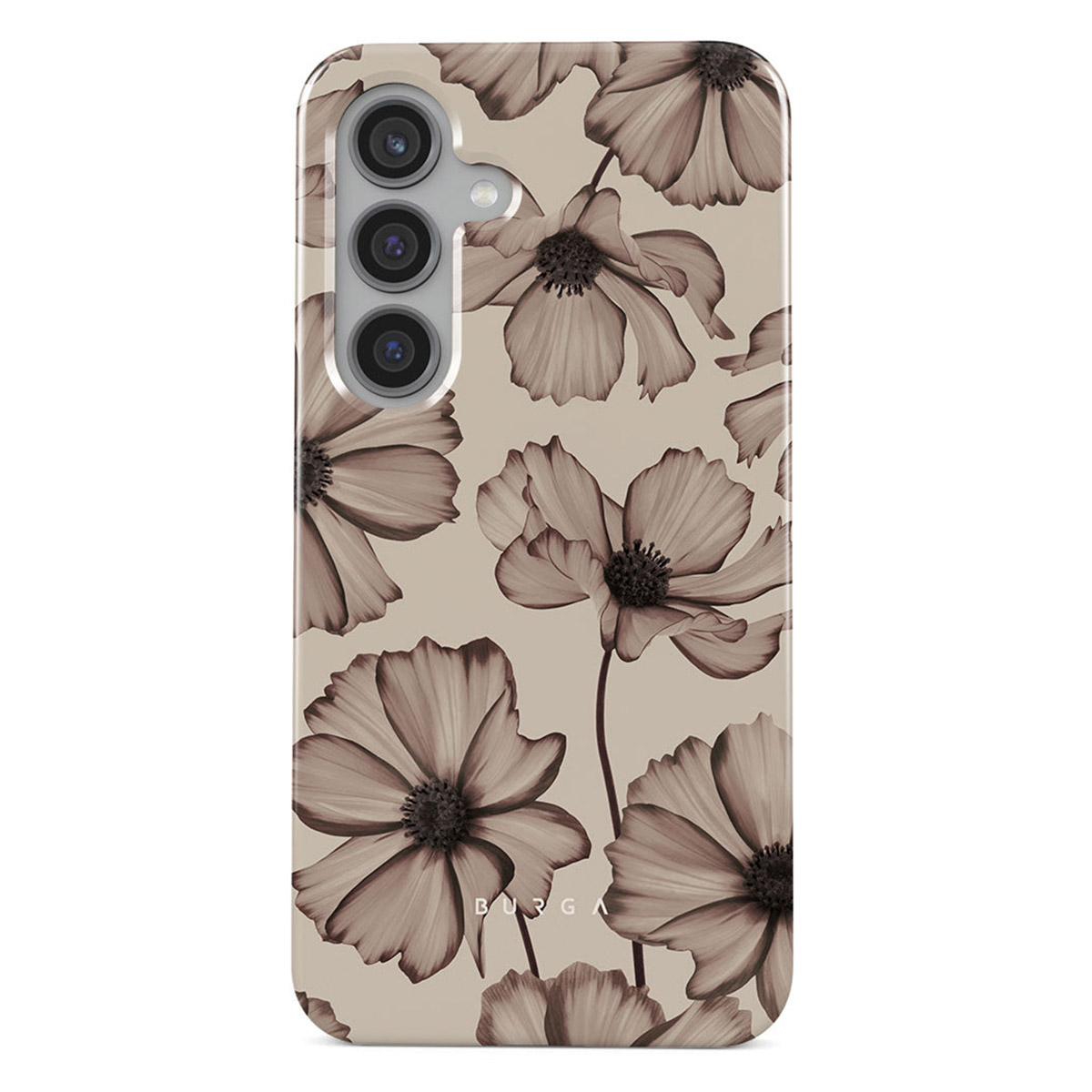 Telefoonhoesje met een bloemenpatroon in bruintinten. Bloemen zijn gestileerd, met donkere centra en zachte bloemblaadjes.