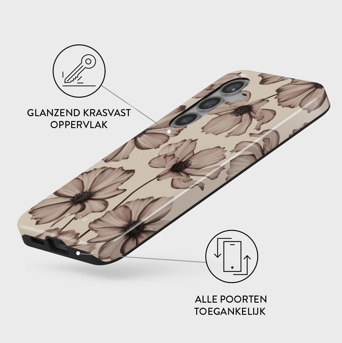 Een telefoonhoesje met een bloemmotief wordt weergegeven. De hoes is beige met bruine bloemen. Iconen en tekst zijn zichtbaar, die functies aangeven.