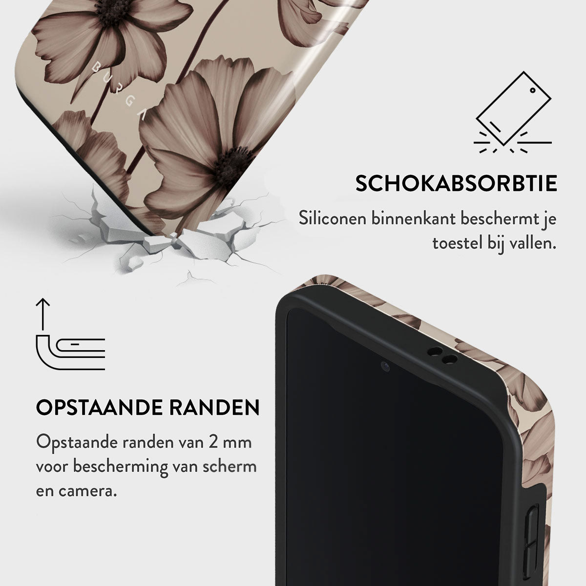Telefoonhoesje met bloemenpatroon. Bevat tekst, een telefoon en visuele elementen die schokabsorptie en opstaande randen aangeven.