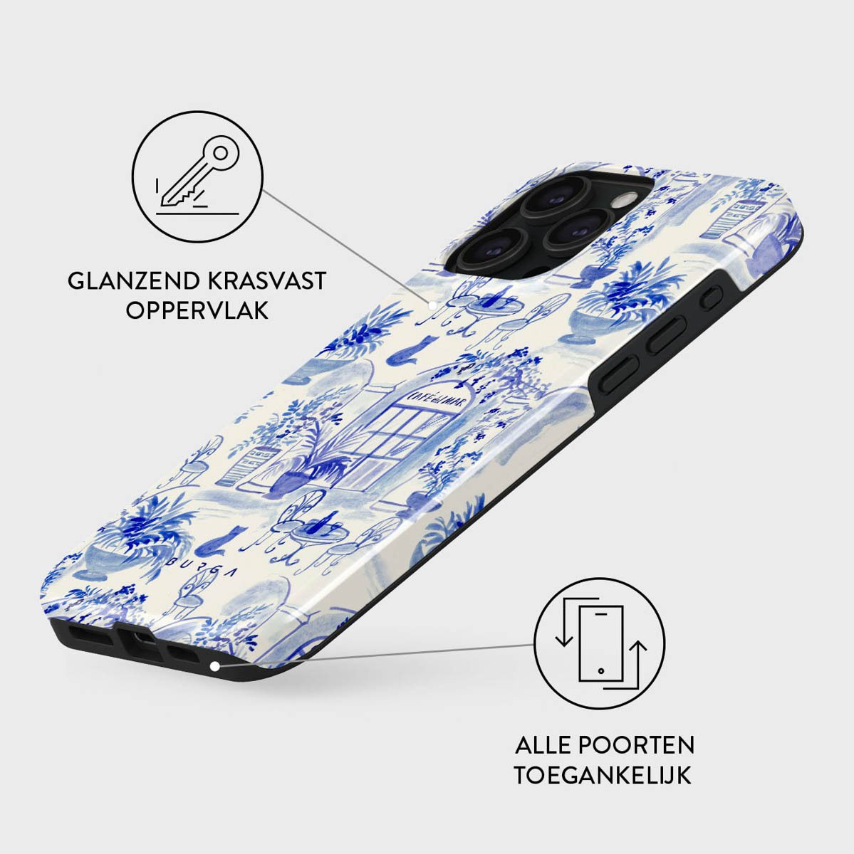 Telefoonhoesje met blauw en wit bloemmotief. Tekst luidt 'GLANZEND KRASVAST OPPERVLAK' en 'ALLE POORTEN TOEGANKELIJK'.