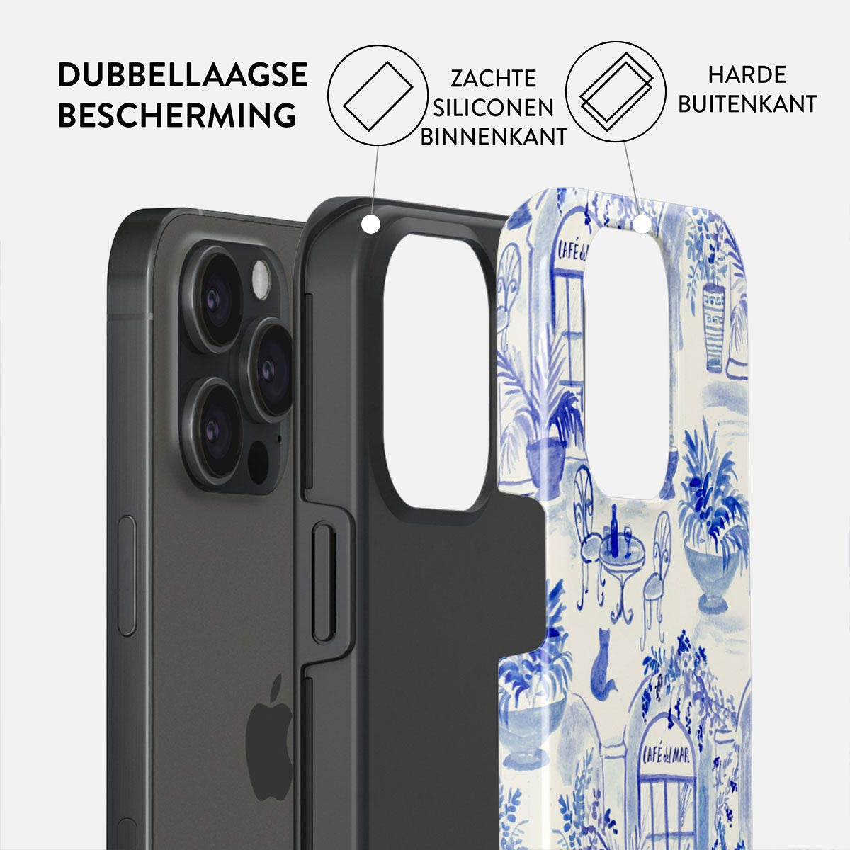 Een iPhone-hoesje met lagen: een harde buitenlaag en een zachte siliconen binnenlaag. De hoes toont een caféscène in blauw en wit.