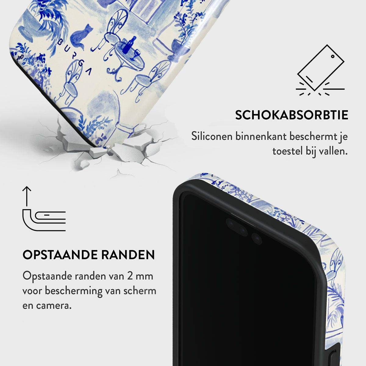 Telefoonhoesje met blauw en wit ontwerp. Tekst: Schokabsorptie, verhoogde randen voor scherm en camera.