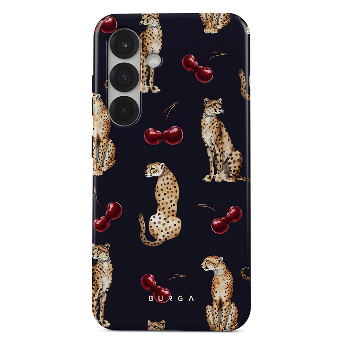 Telefoonhoesje met donkerblauwe achtergrond, cheeta's en kersen. Cheeta's staan in verschillende poses. Kersen zijn verspreid.