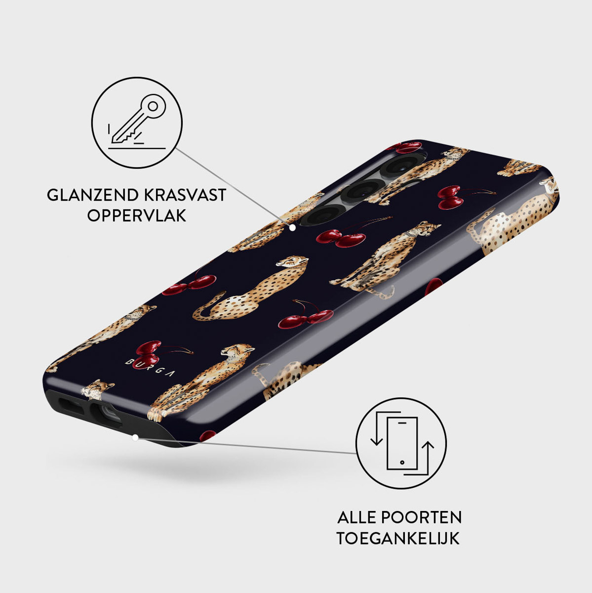 Telefoonhoesje met luipaard- en kersenpatroon. Donkere achtergrond met tekst: 'GLANZEND KRASVAST OPPERVLAK' en 'ALLE POORTEN TOEGANKELIJK'.