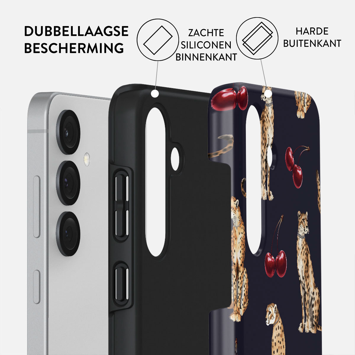Telefoonhoesje met luipaard- en kersenpatroon, zwart interieur, zilveren telefoon, diagram van zachte en harde lagen.