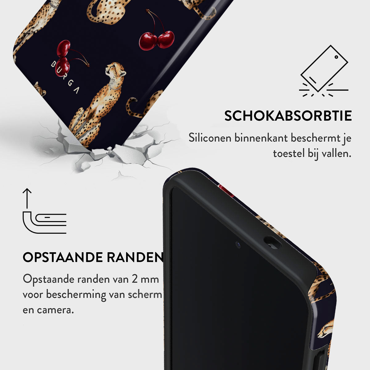 Telefoonhoesje met cheetah- en kersendesign, zwart frame. Tekstdetails over schokabsorptie en opstaande randen.