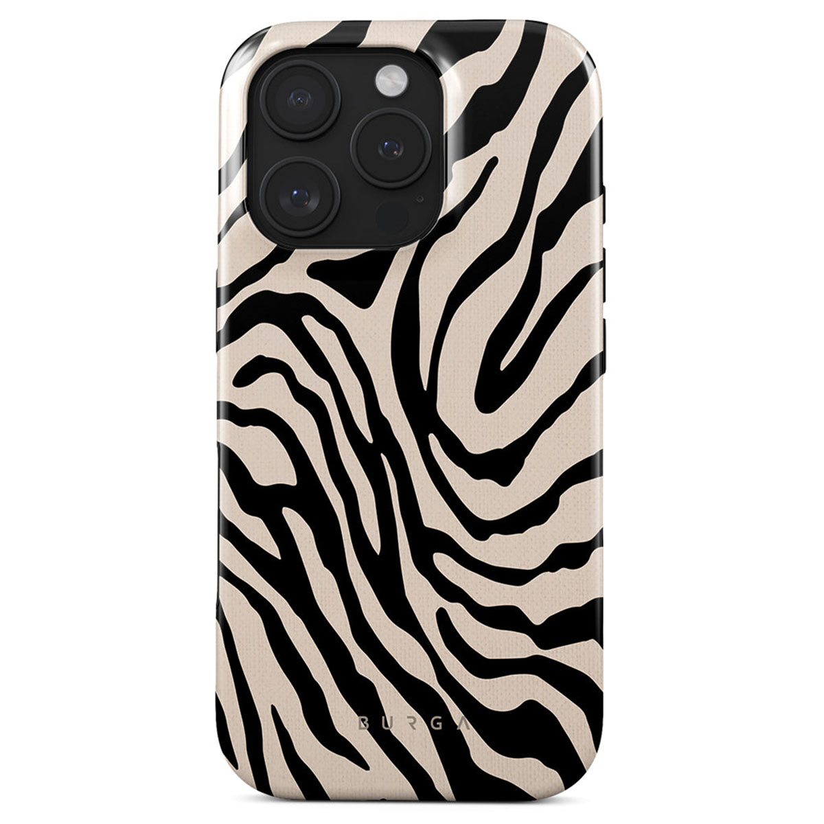 iPhone hoesje met een zebraprint ontwerp. De hoes is beige met zwarte strepen. De cameralenzen zijn zichtbaar aan de bovenkant.
