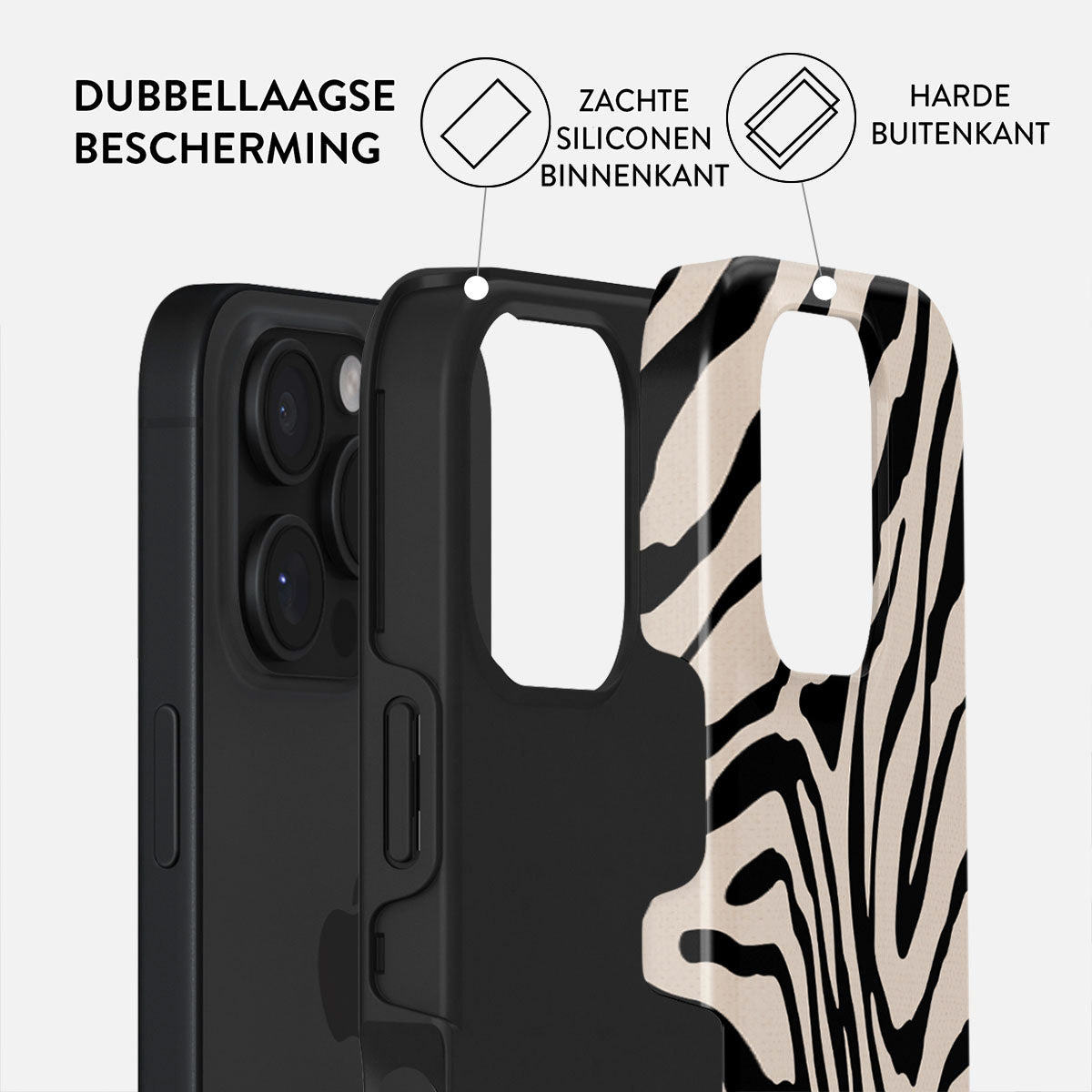 Close-up van een telefoonhoesje. Het toont een dubbellaags ontwerp met een zachte siliconen binnenlaag en een harde buitenlaag, zebrapatroon.