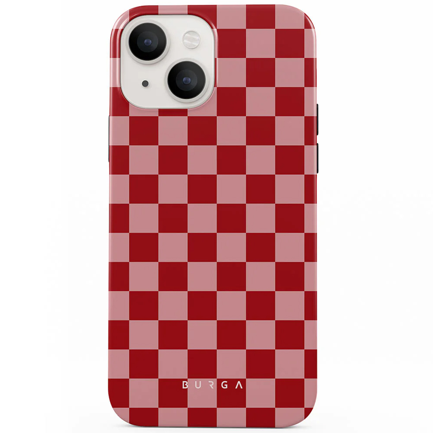 Een telefoonhoesje met een rood en lichtroze dambordpatroon. De hoes heeft cameralenzen en het woord BURGA onderaan.