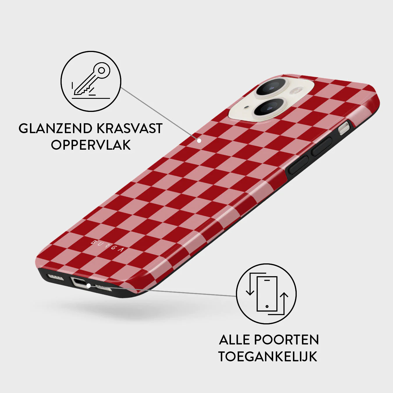 Een rood-roze geruite telefoonhoes. De hoes is glanzend en heeft een sleutelpictogram. Tekst: 'glanzend krasvast oppervlak' en 'alle poorten toegankelijk'.