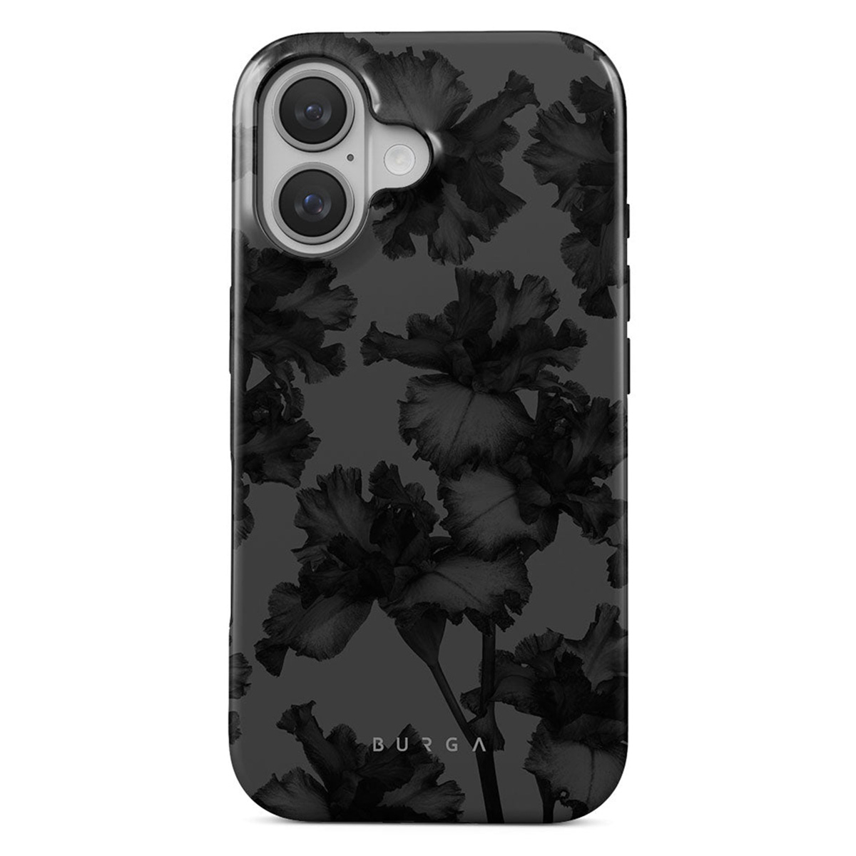 Une coque de téléphone avec un motif floral d'iris noirs sur fond gris foncé. La marque BURGA est en bas.