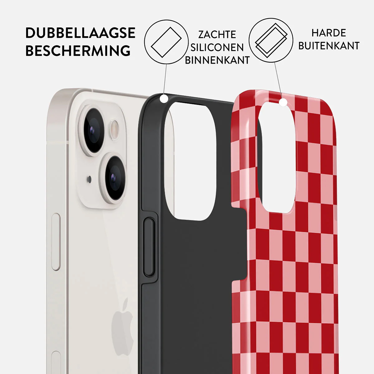 Een telefoonhoesje wordt gedemonteerd weergegeven. Het heeft een witte telefoon, een zwarte binnenhoes en een rood geruite buitenhoes. Er zijn tekstlabels aanwezig.