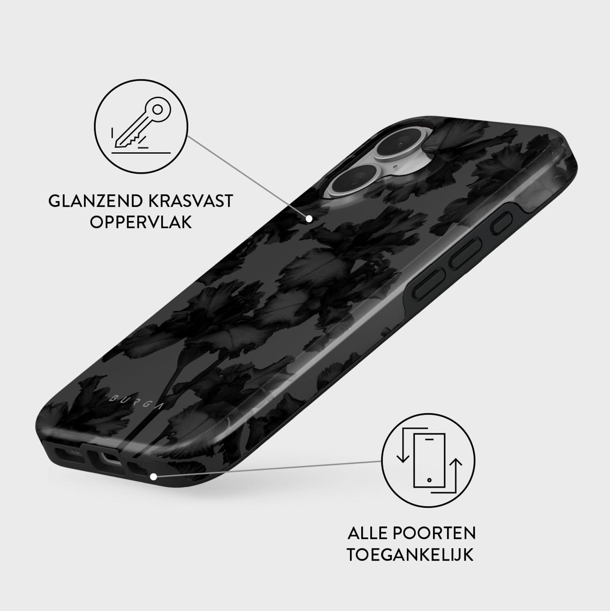 Une coque de téléphone noire avec un motif floral. Le texte en néerlandais indique une surface brillante, résistante aux rayures et des ports accessibles.