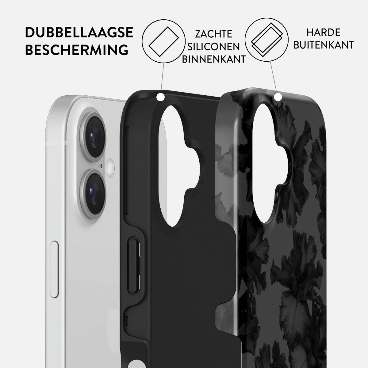Une coque de téléphone montrant ses couches : intérieur en silicone souple, extérieur dur et un téléphone. Étiquettes de texte : protection double couche.