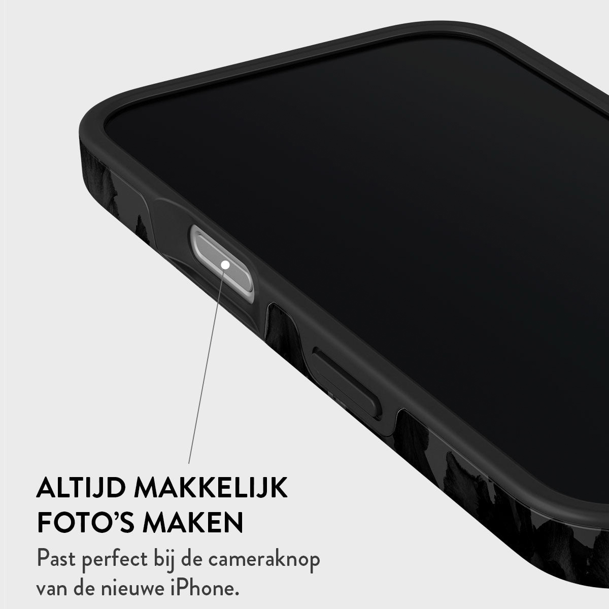 Gros plan sur une coque noire pour iPhone avec bouton d'alimentation. Le texte blanc annonce une prise de photos facile avec le nouvel iPhone.