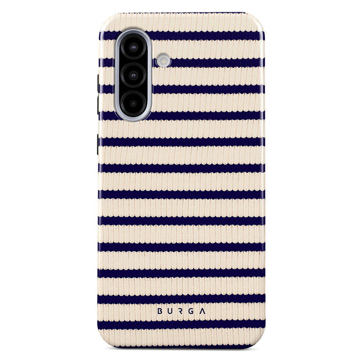 Telefoonhoesje met crème en marineblauwe horizontale strepen. Het heeft een cameramodule en een merklogo.