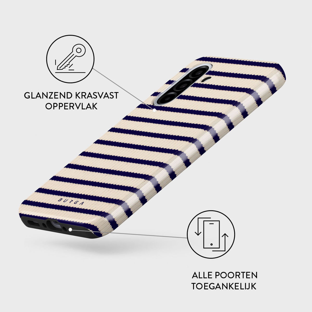 Een telefoonhoesje met een gestreept patroon in marineblauw en crème. Tekst: glanzend krasvast oppervlak, alle poorten toegankelijk.