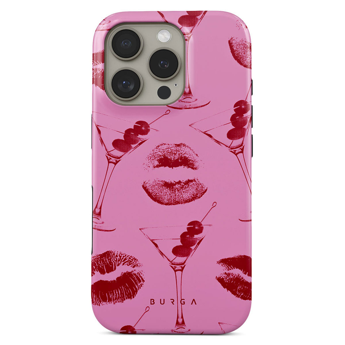 Een roze telefoonhoesje met een patroon van rode lippenstiftvlekken, martiniglazen met kersen en de merknaam BURGA.