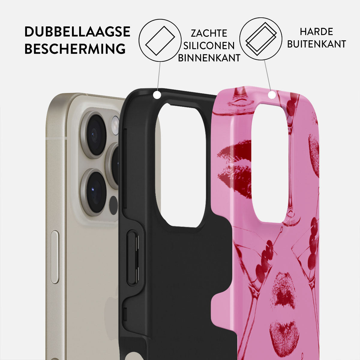 Een iPhone in een beschermhoesje. De hoes is roze met martini glazen en lippenafdrukken. Diagrammen tonen dubbellaagse bescherming.