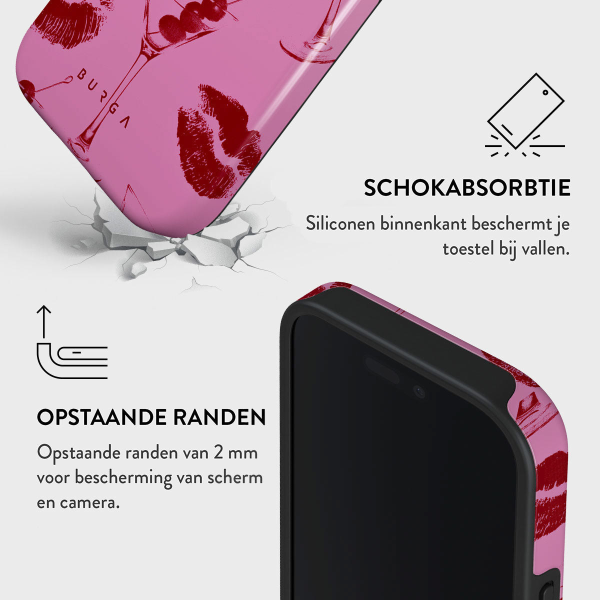 Roze telefoonhoesje met rode lippenstiftvlekken en martiniglazen. Zwarte telefoon gedeeltelijk zichtbaar. Tekst: Schokabsorbtie en Opstaande randen.