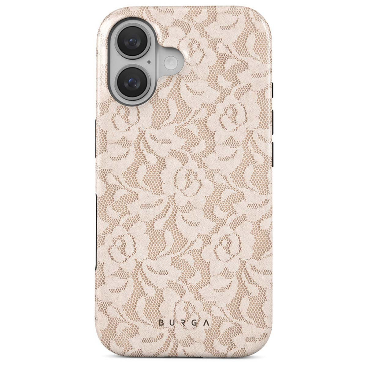 Een telefoonhoesje met een bloemenkanten patroon. Het heeft een camera-uitsparing en het merk 'BURGA' onderaan.