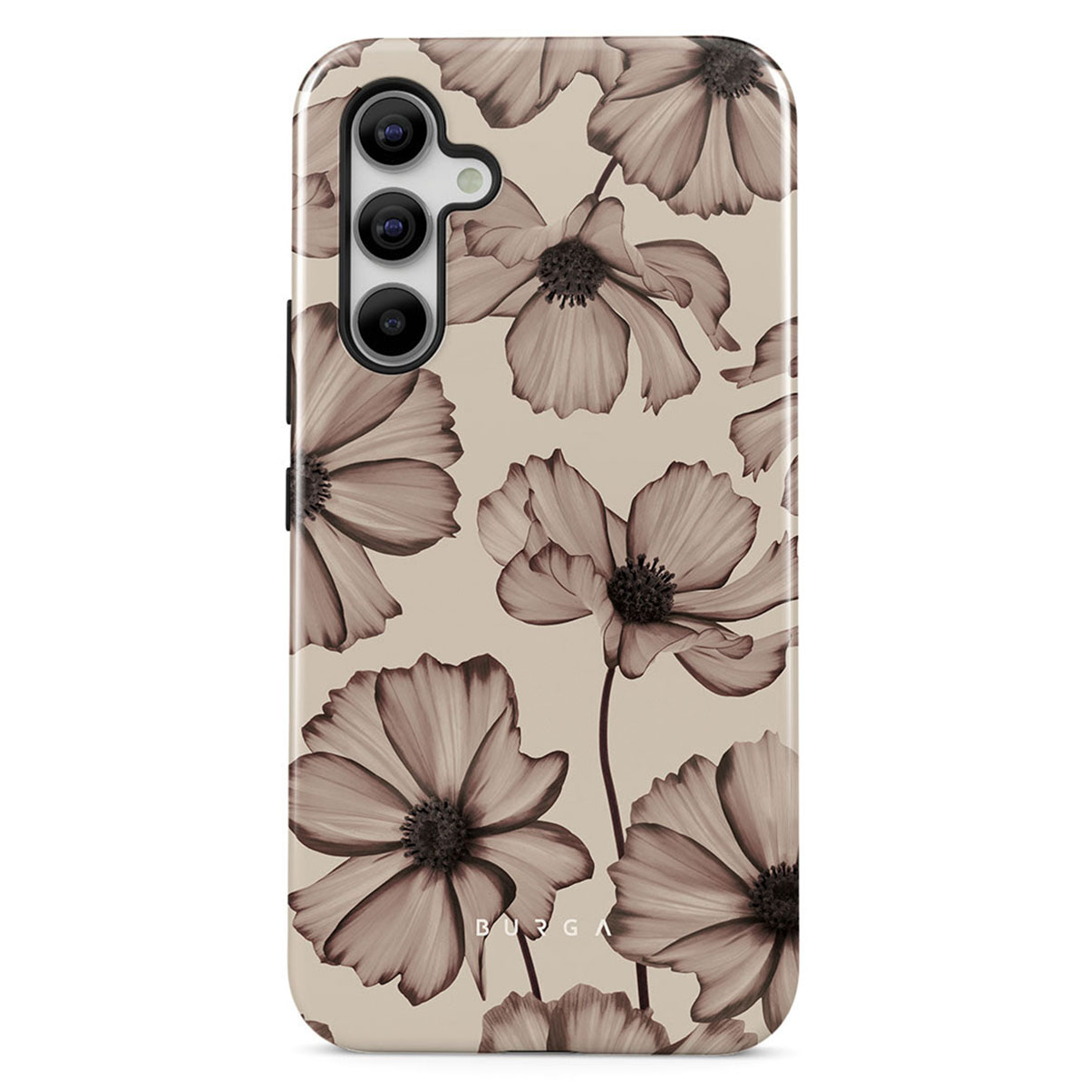 Une coque de téléphone avec un motif floral. Le design présente des fleurs marron clair sur un fond beige. La coque a une découpe pour l'appareil photo.