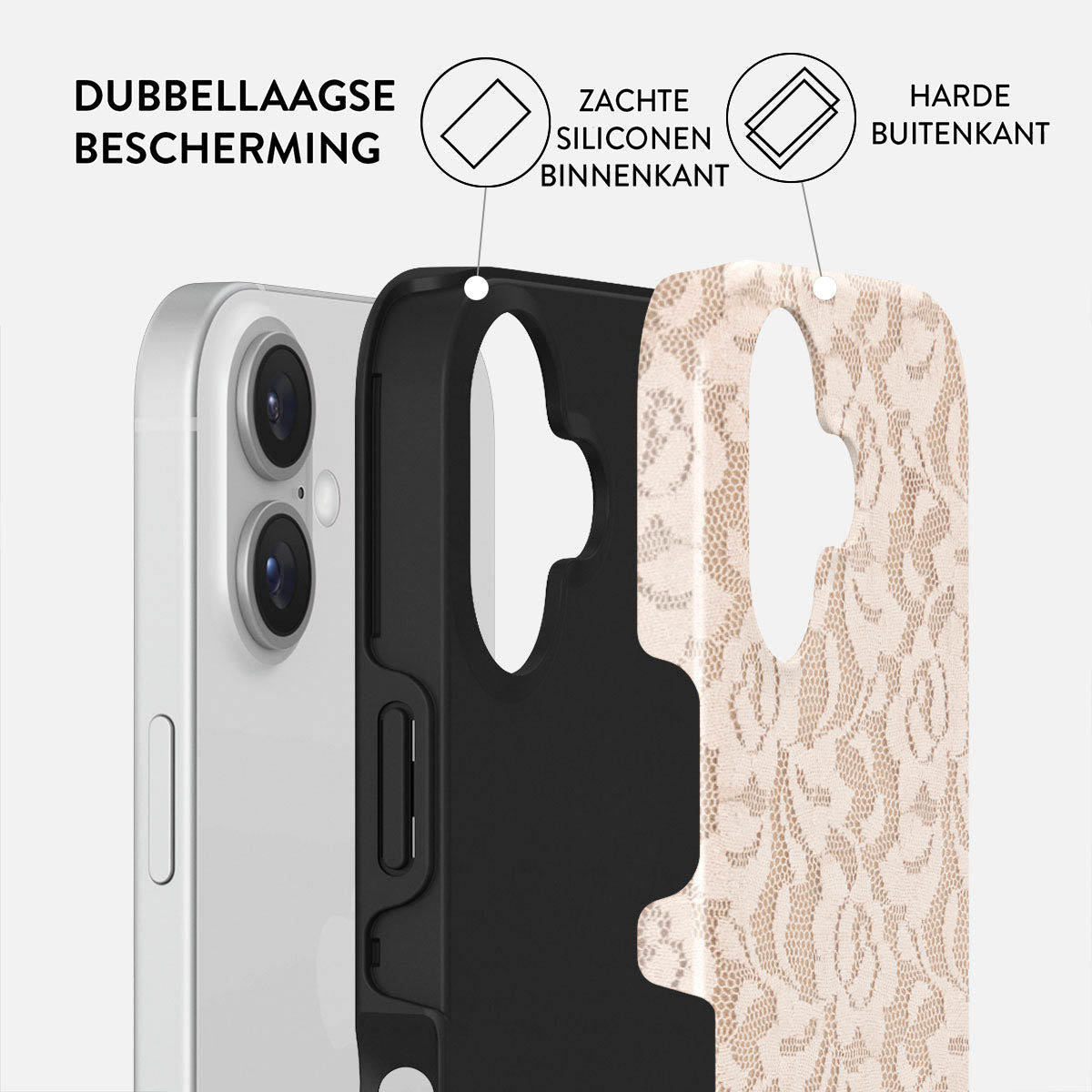 Een exploded view van een telefoonhoesje toont een witte telefoon, een zwarte binnenhoes en een beige kanten buitenlaag.