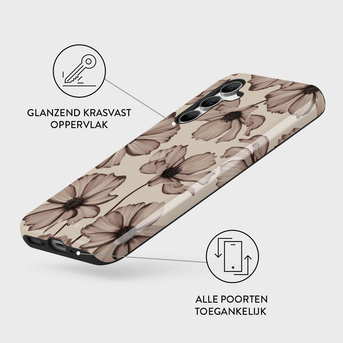 Coque de téléphone à motifs floraux. Fleurs marron sur fond beige. Icônes de clé et de port de téléphone visibles.