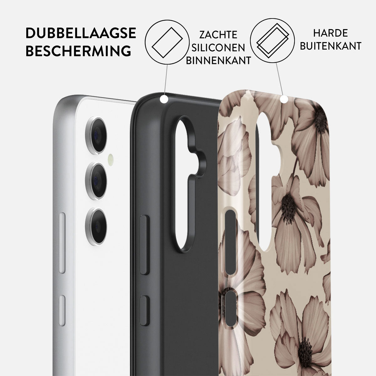 Coque de téléphone avec couches : téléphone, silicone noir, motif floral. Texte : Protection double couche, silicone souple à l'intérieur, dur à l'extérieur.