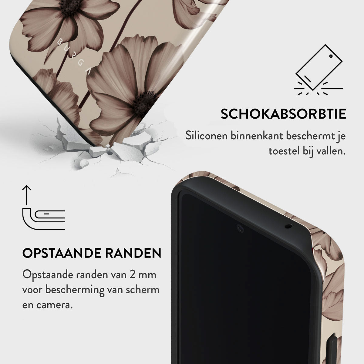 Un étui de téléphone à motifs floraux recouvre partiellement un téléphone. Le texte met en évidence l'absorption des chocs et les bords relevés.