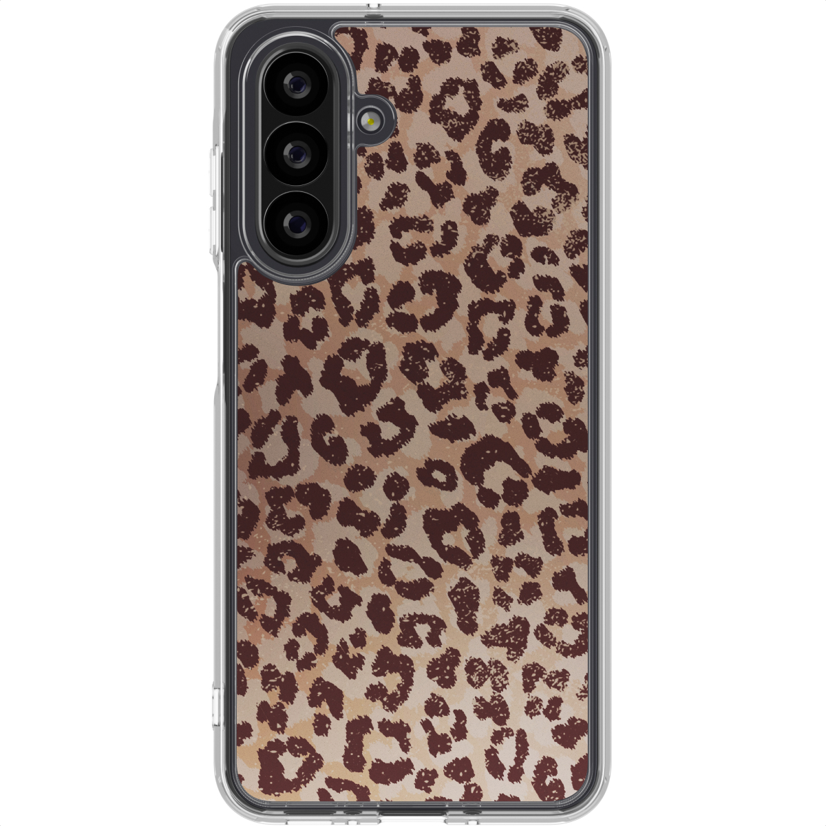 Een smartphone in een transparante hoes. De hoes heeft een luipaardprint in bruine en beige kleuren. De telefoon heeft meerdere camera's.