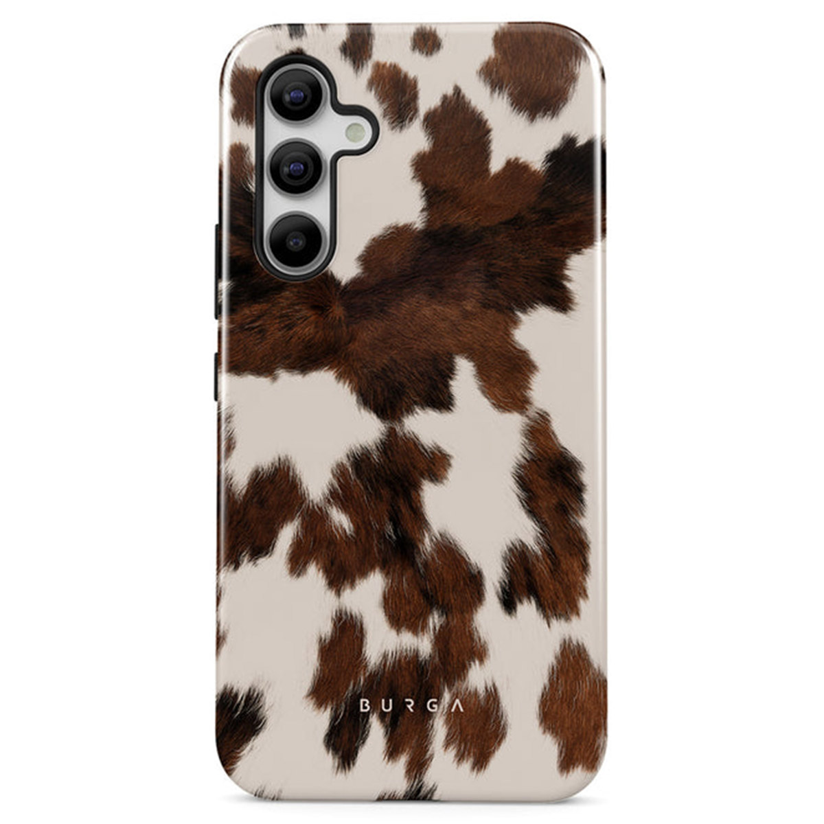 Een telefoonhoesje met een koeienhuidpatroon in bruin en wit. De hoes heeft een camera-uitsparing en de merknaam BURGA.