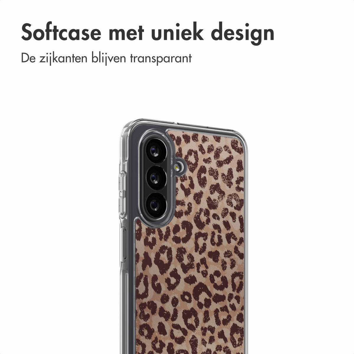 Een telefoonhoesje met luipaardprint wordt getoond. De hoes is transparant met bruine vlekken. De bovenkant heeft de camera.