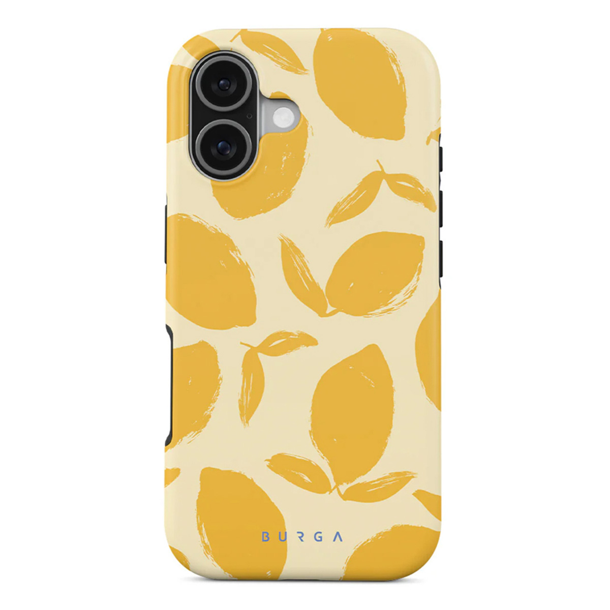 Coque de téléphone avec un motif de citrons jaunes et feuilles sur fond crème. La marque 'BURGA' est visible.