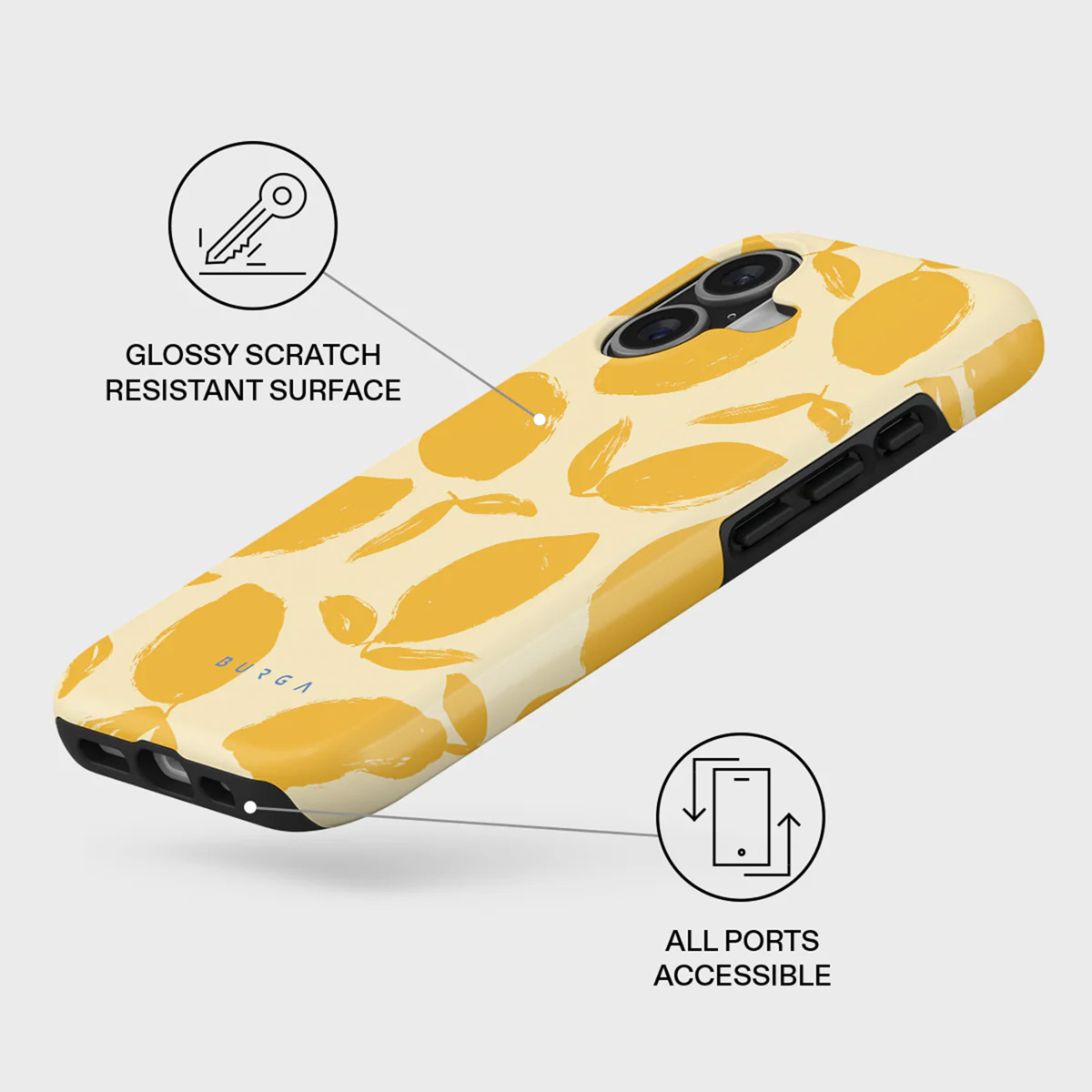 Une coque de téléphone avec un motif de feuilles jaunes. Elle a une surface brillante et résistante aux rayures. La coque est noire.