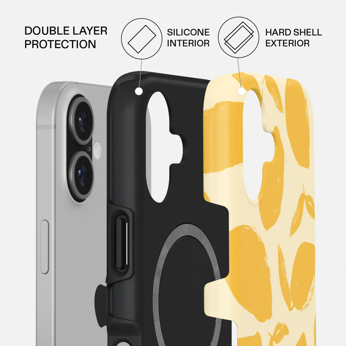 Couches d'étui de téléphone : téléphone argenté, intérieur noir et extérieur à motifs jaunes. Étiquettes : Protection double couche, intérieur en silicone, extérieur en coque dure.