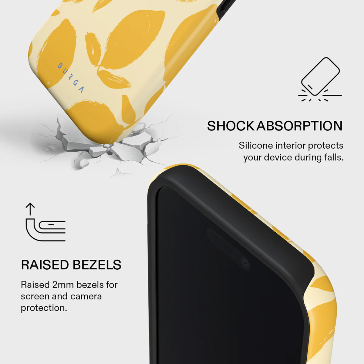 Une coque de téléphone avec un motif de feuilles jaunes. Écran et lunette noirs. Caractéristiques : absorption des chocs et bords surélevés.