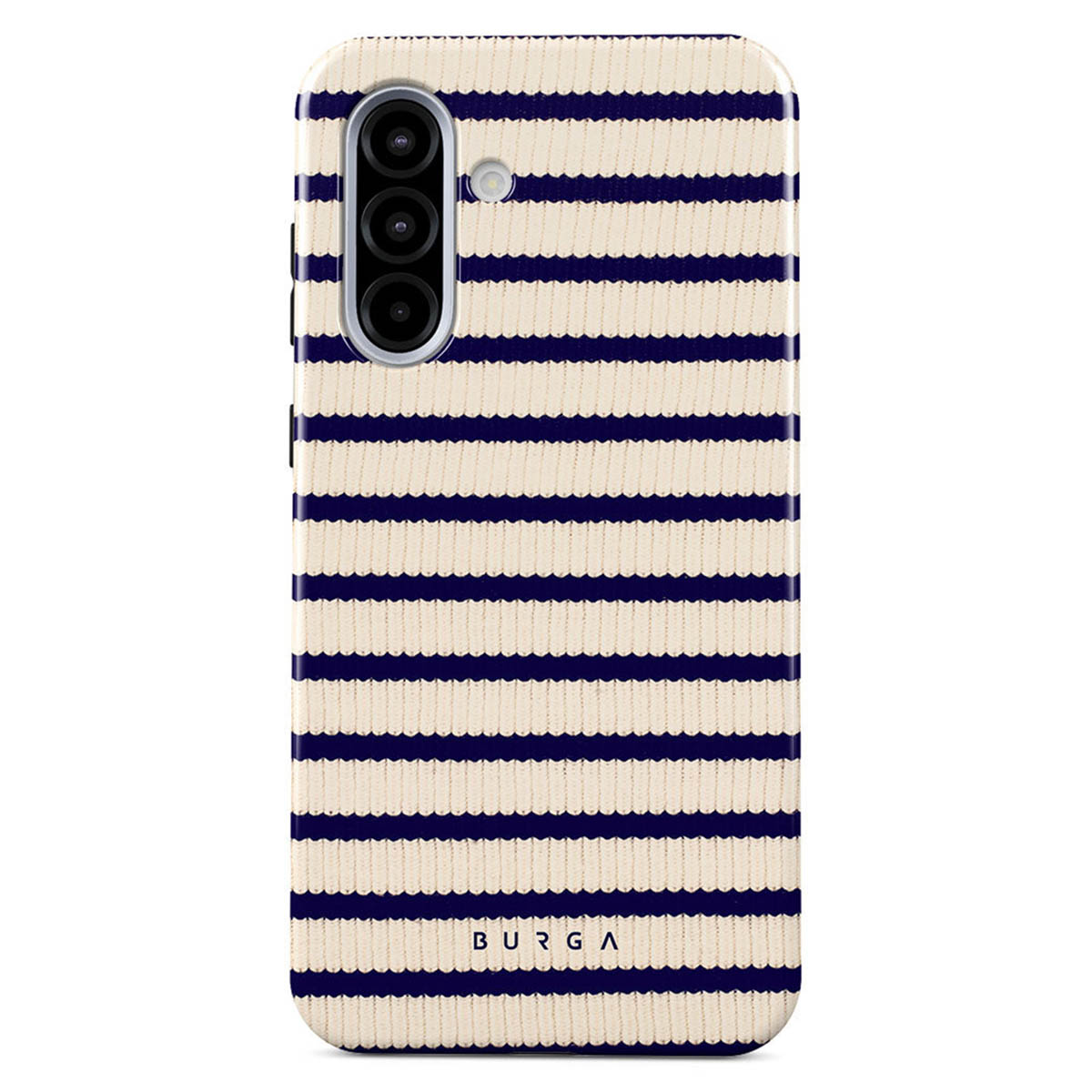 Een telefoonhoesje met een crèmekleurige achtergrond en marineblauwe horizontale strepen. Linksboven bevinden zich drie cameralenzen en een flitser.
