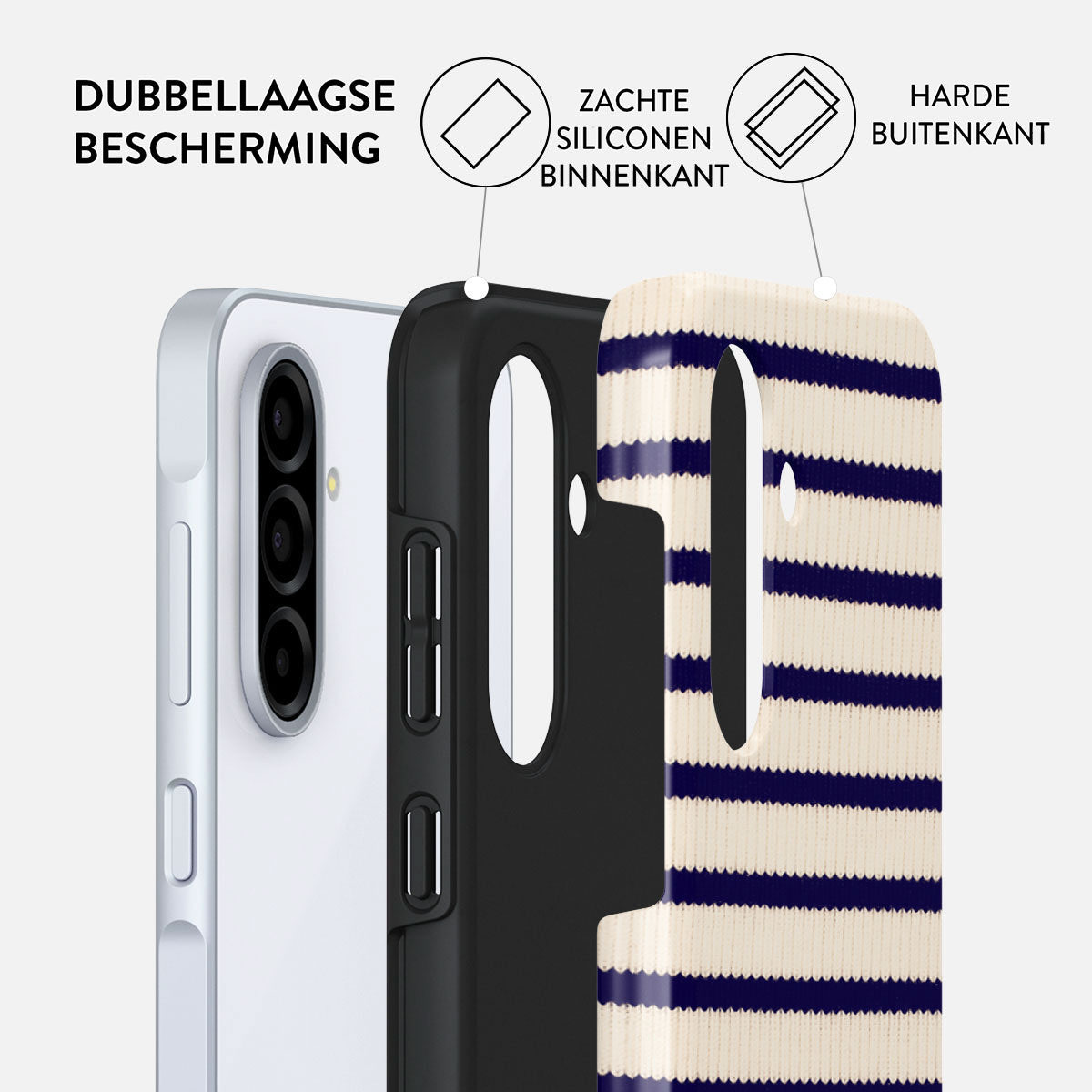 Telefoonhoesje met streepjespatroon. Toont de lagen: zachte siliconen binnenkant, harde buitenkant en telefoon.