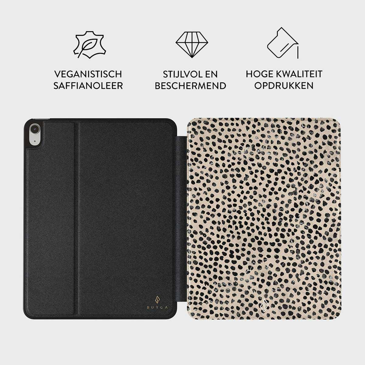 Black tablet case open, showing a black interior and patterned exterior. Text reads: vegan leather, stylish, high quality.