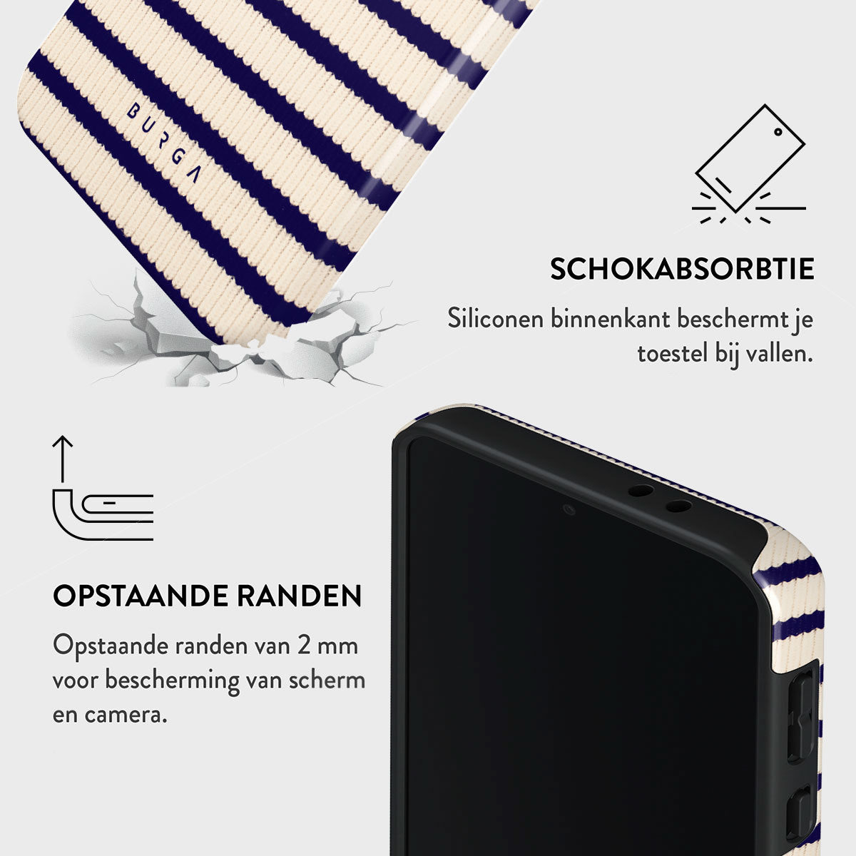 Er wordt een telefoonhoesje met marineblauwe en witte strepen getoond. Het heeft opstaande randen voor scherm- en camerabescherming.