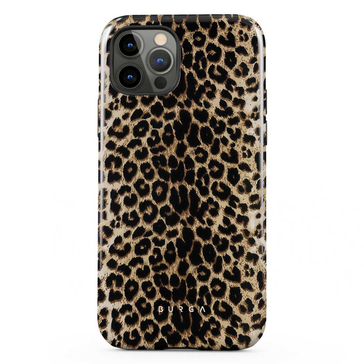 Een telefoonhoesje met een luipaardprint. De hoes heeft een glanzende afwerking en een camera-uitsparing. De merknaam 'BURGA' is onderaan zichtbaar.