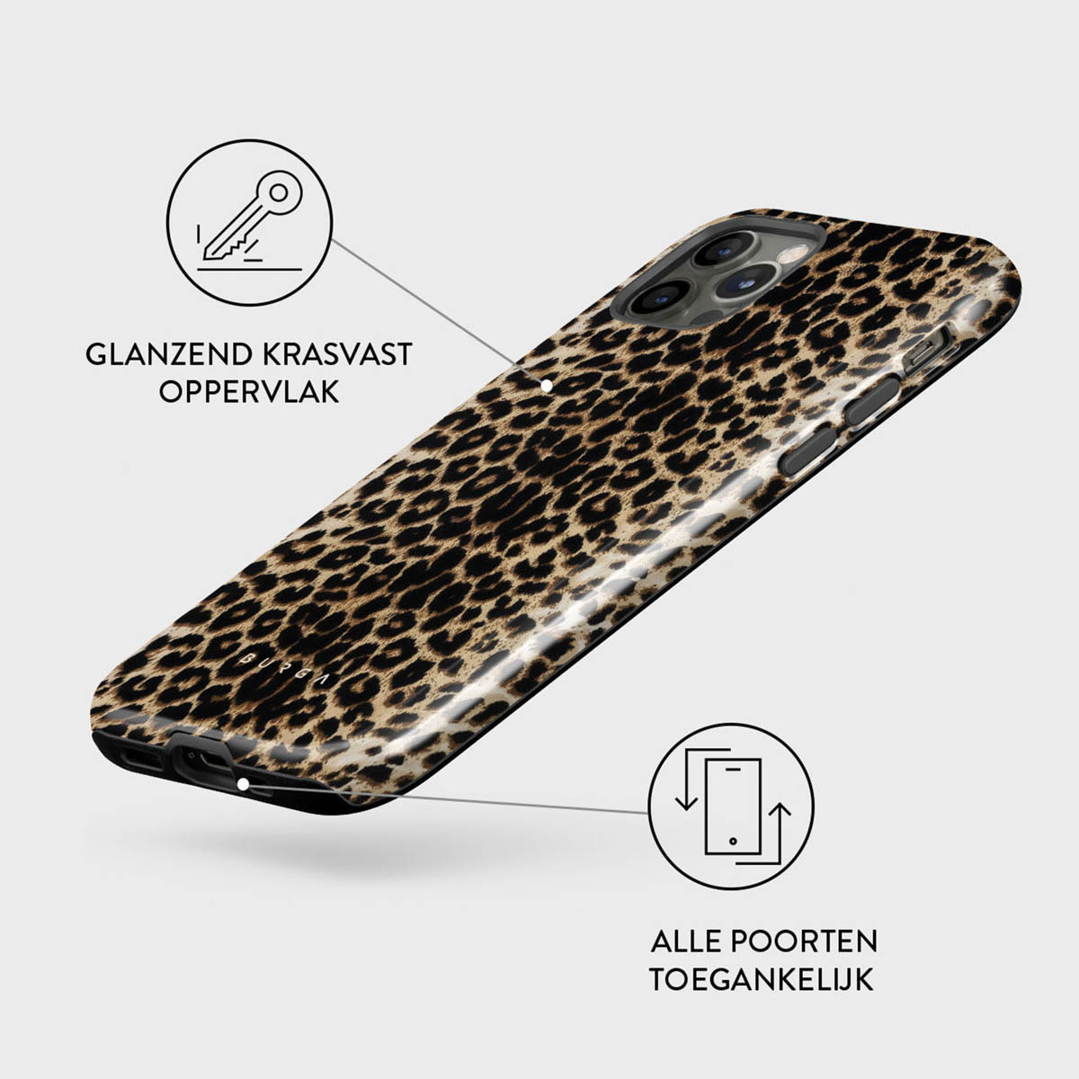 Telefoonhoesje met luipaardprint. De hoes heeft een glanzende afwerking en is krasbestendig.