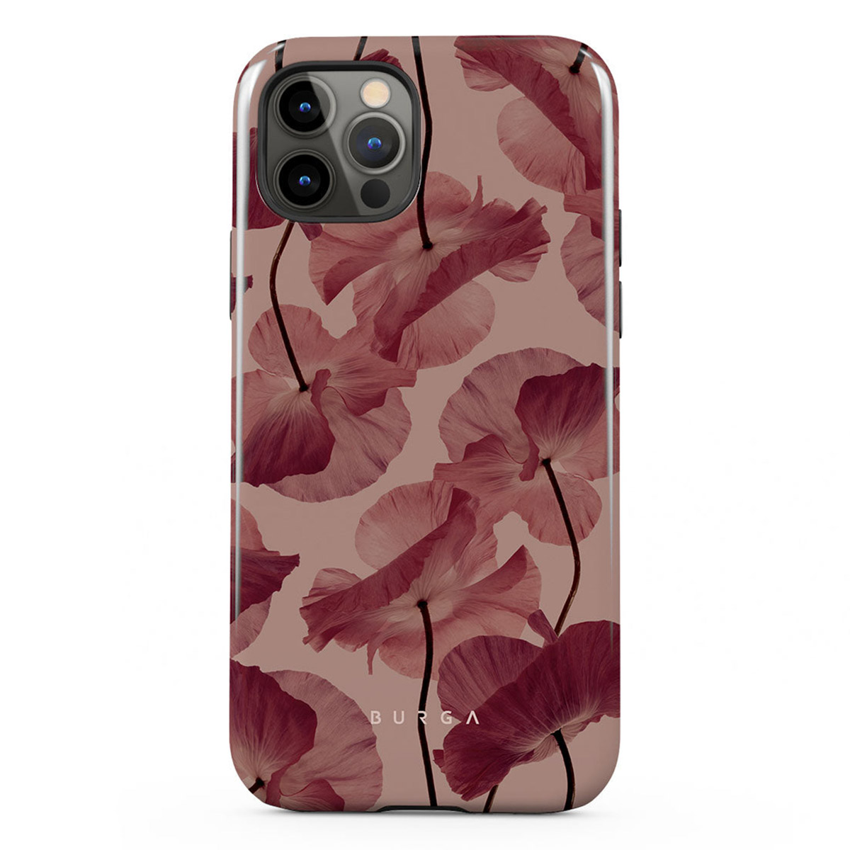 Een telefoonhoesje met een bloemenpatroon met roze bloemen op een beige achtergrond. De hoes heeft een camerabult.