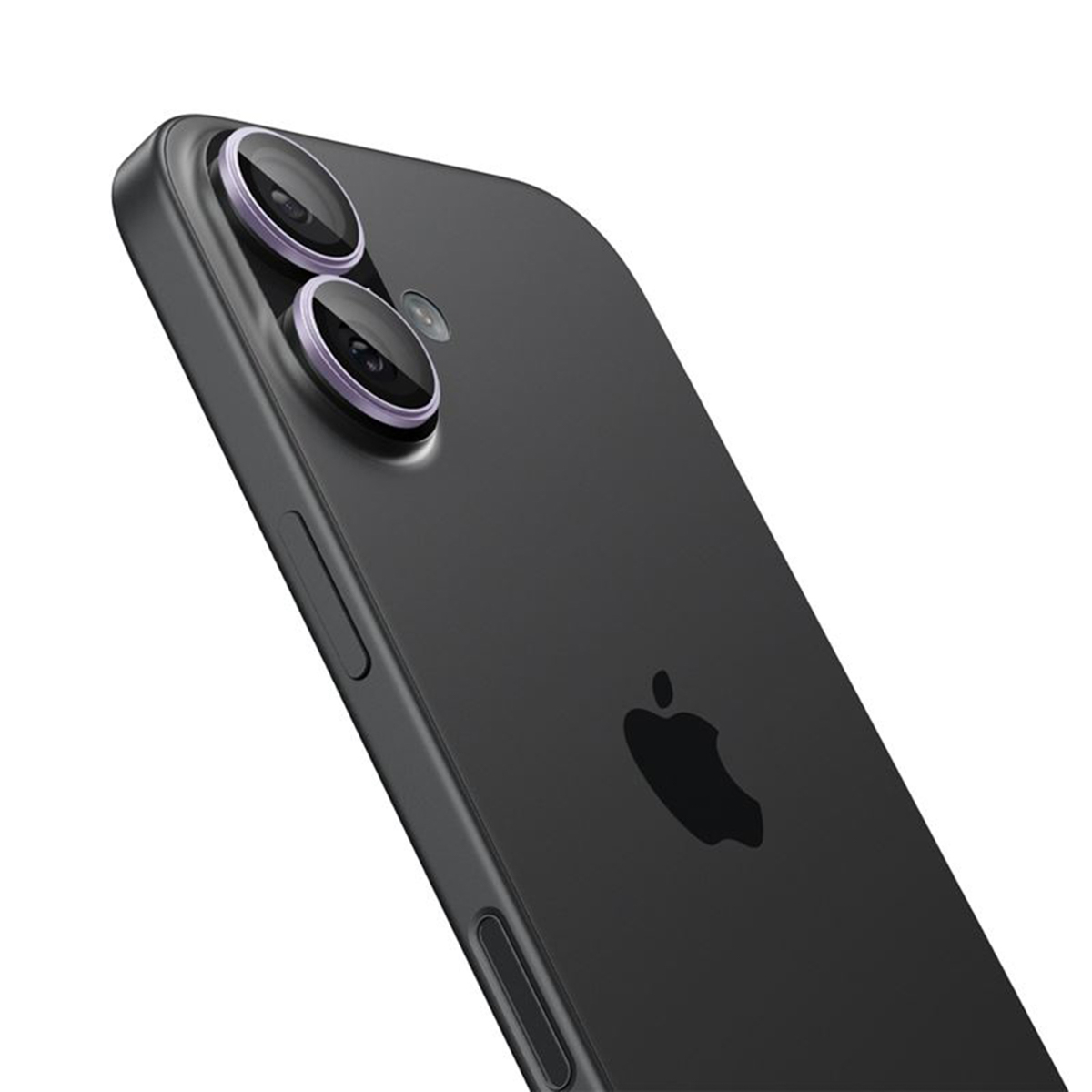 Black iPhone with dual-lens camera. The Apple logo is visible. The phone is angled, showing the side buttons and camera lenses.