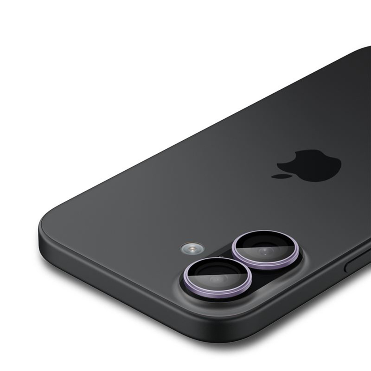 Close-up of a black smartphone with a dual-lens camera and an Apple logo on a white background.