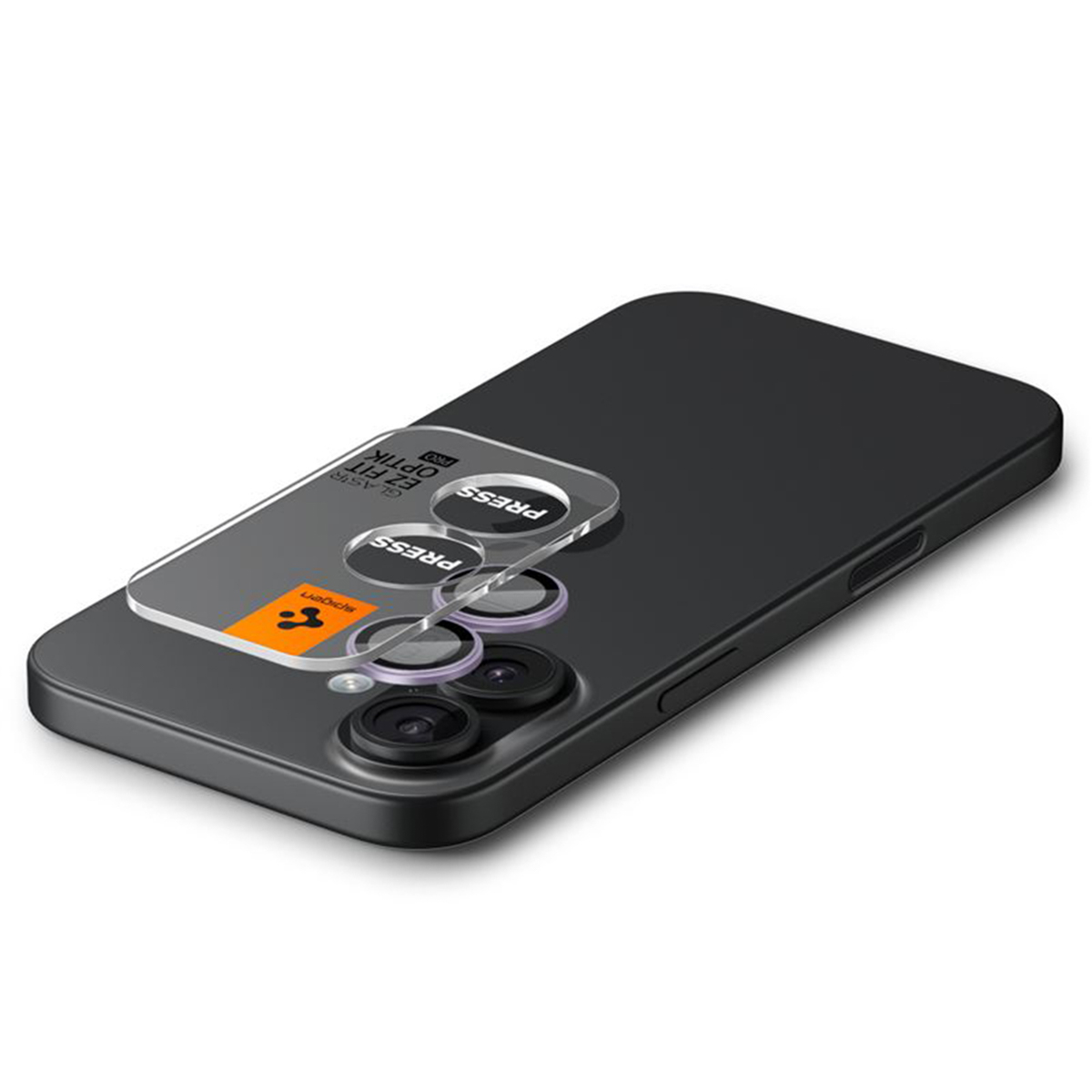 Black smartphone with a transparent camera lens protector. The protector has the brand name and 'PRESS' printed on it. 