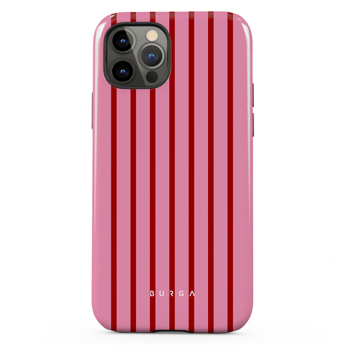 Een roze telefoonhoesje met verticale rode strepen. De hoes heeft een camerabult en het woord BURGA.